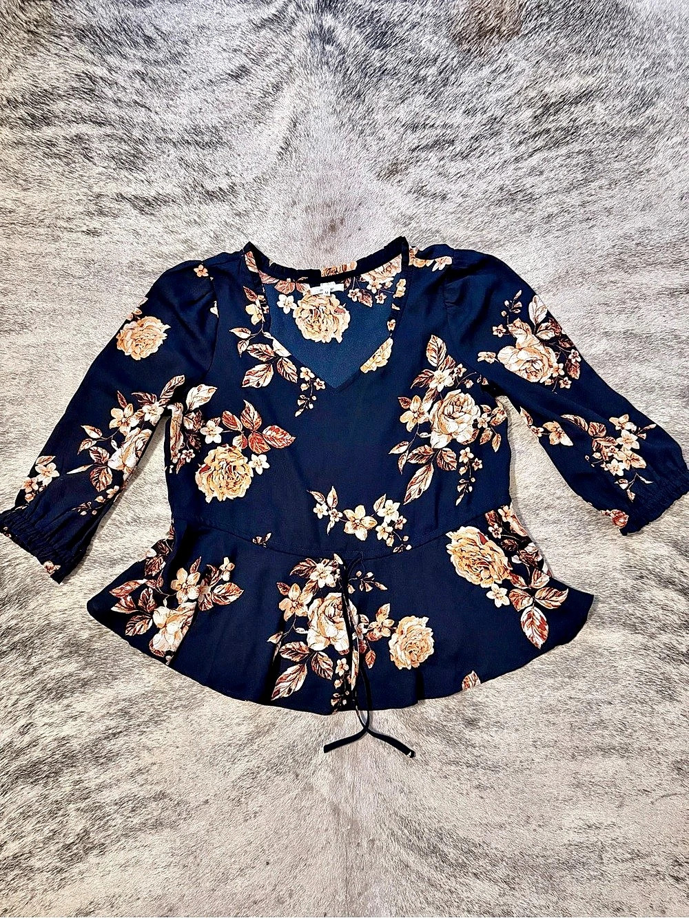 Women’s Floral Peplum Blouse in Blue & Orange Like New